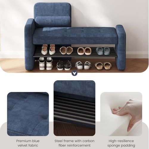 Blue Velvet Shoe Storage Bench with Backrest – Modern Hallway Seat & Rack