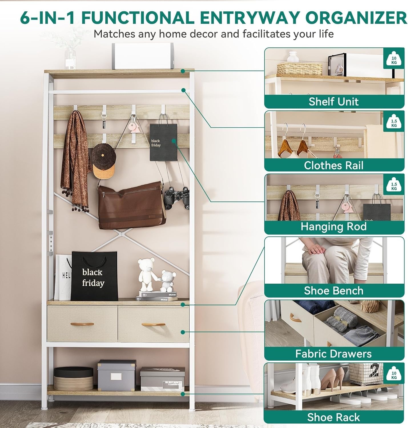 Beige Hall Tree Coat Rack with Bench | Shoe Storage & Drawers Entryway Stand