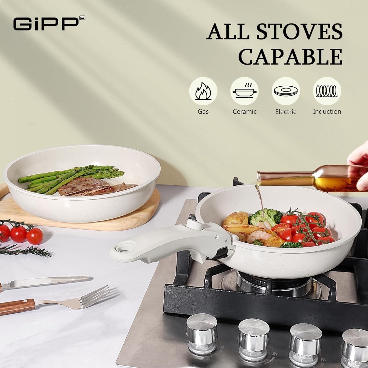 3pcs White Non Stick Cookware Set with Detachable Handle Frying Pan
