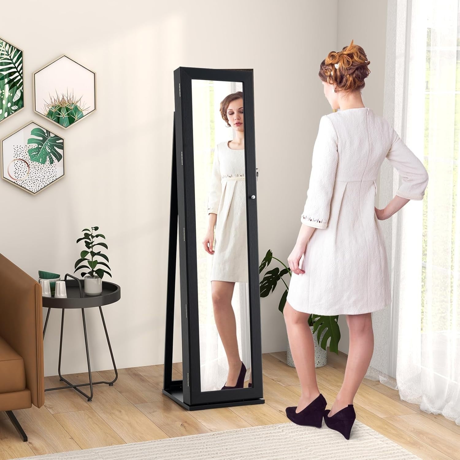 Rotating Jewelry Armoire Lockable Full Length Mirror Storage Cabinet