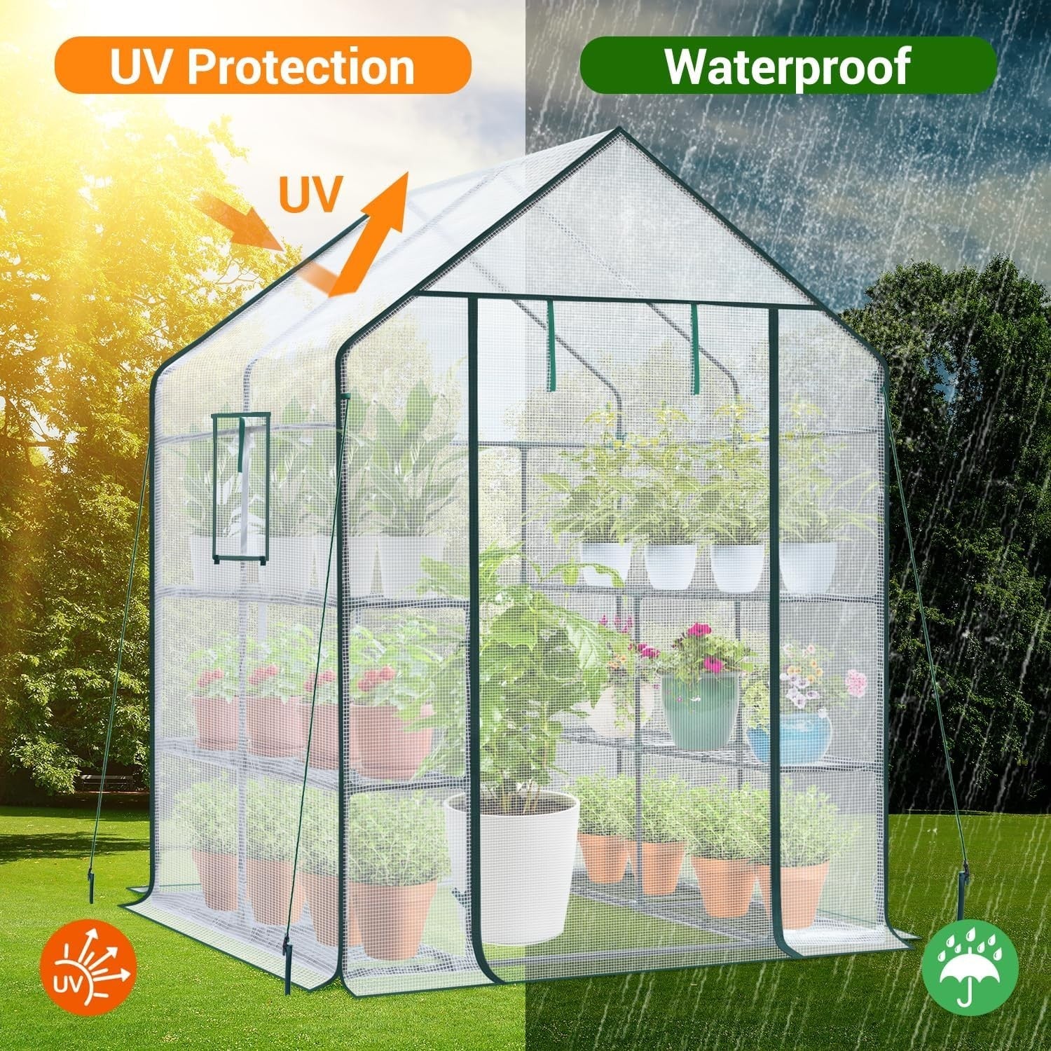 Walk-In 3 Tier 12 Shelf Greenhouse | White PE Cover Heavy-Duty Garden Growhouse