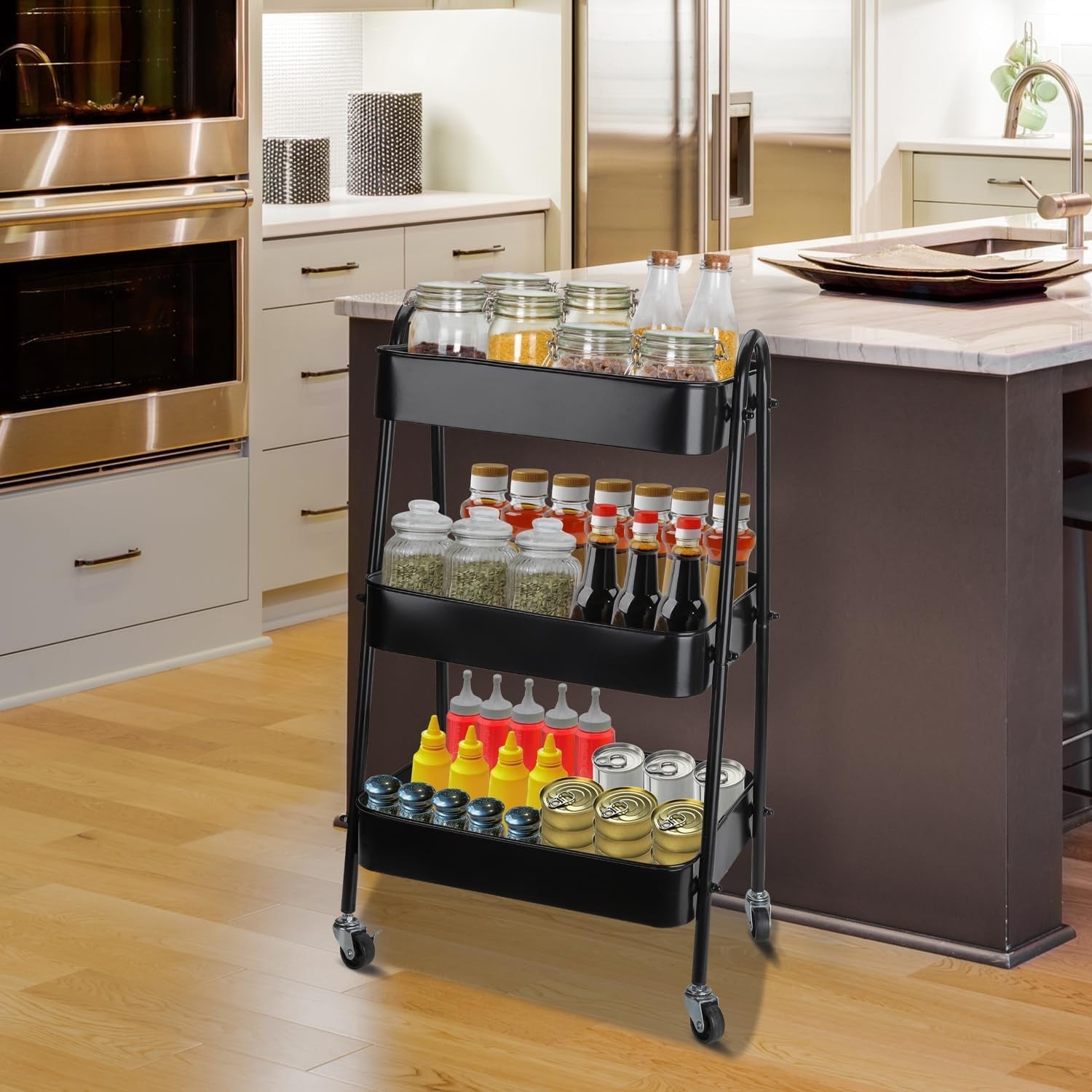 3 Tier Storage Trolley Wheels Slim Metal Rolling Cart Lockable Castors