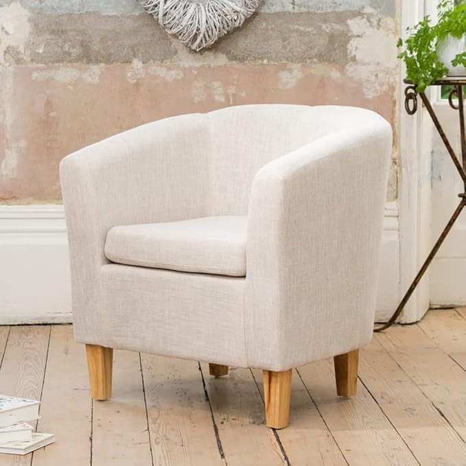 Beige Hessian Fabric Tub Chair 68cm Wide Pine Legs Armchair