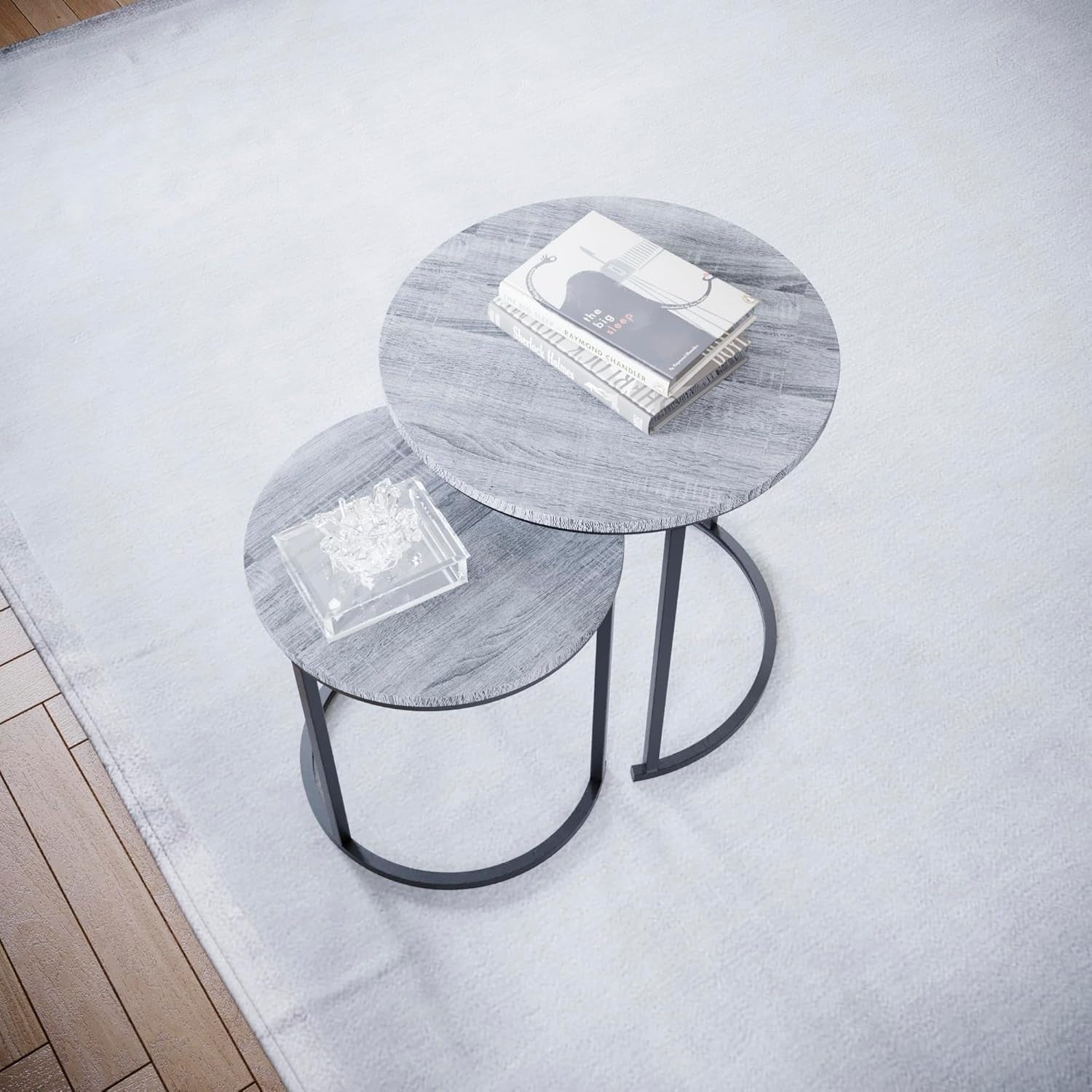 2pc Grey Metal Round Nesting Coffee Side End Tables Industrial Modern Set