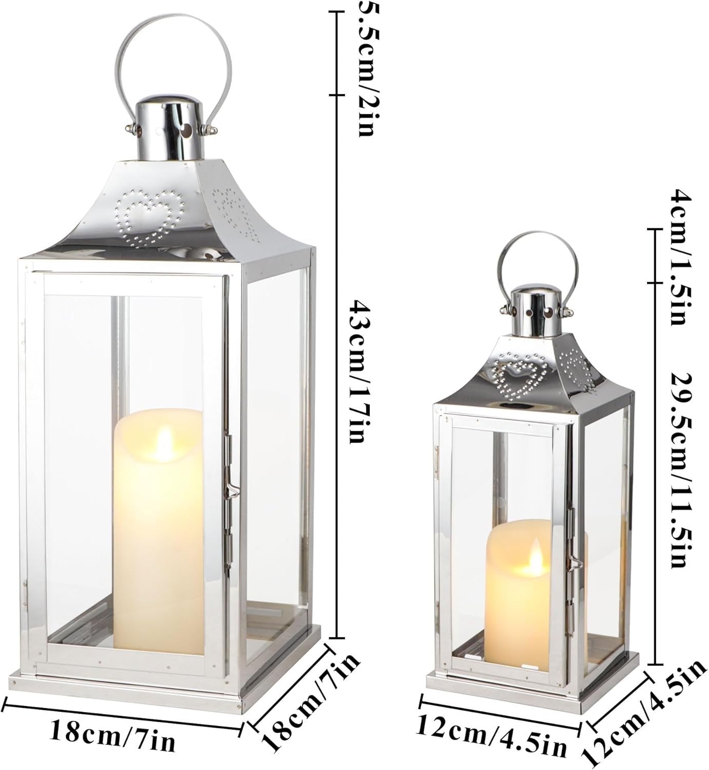 Set of 2 Silver Stainless Steel Candle Lanterns 43 cm & 30 cm