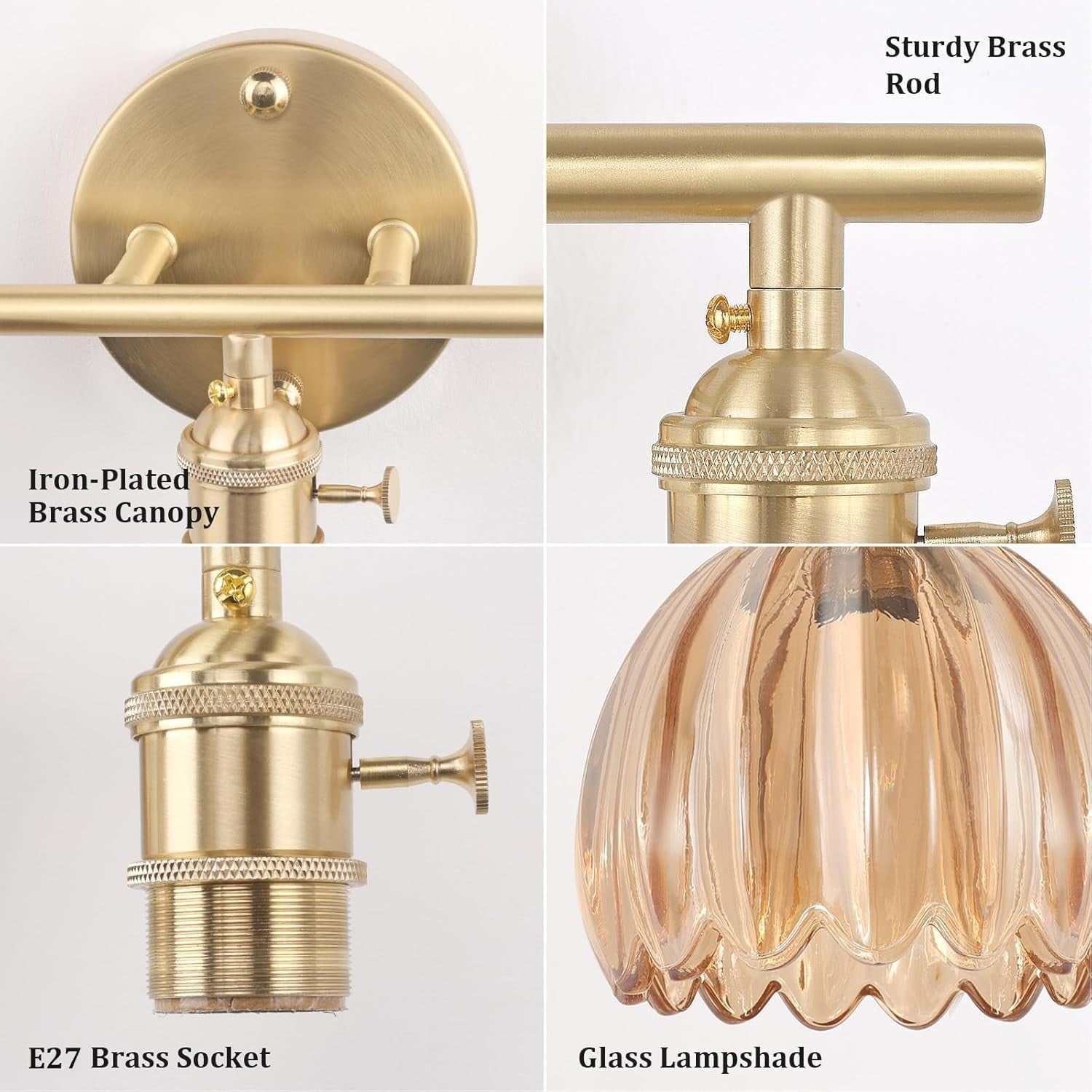 3-Light Amber Glass Wall Sconce Vanity Light Brass Fixture for Bathroom