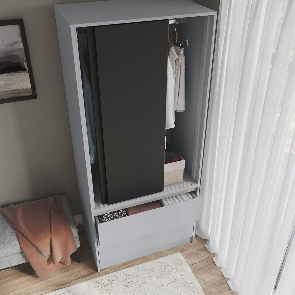 Modern 2-Door Sliding Wardrobe with Drawers, Silent Doors & Adjustable Feet