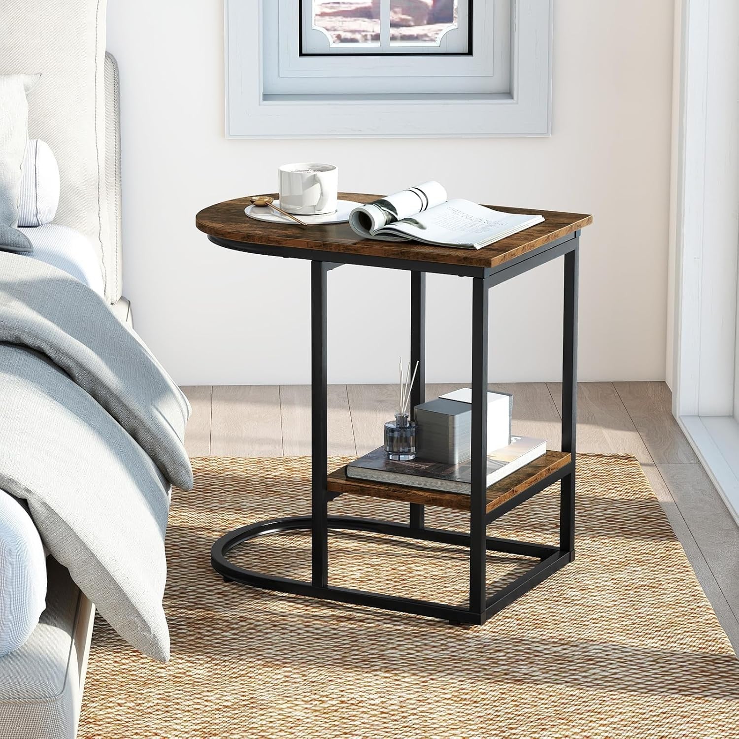 Rustic Brown C-Shaped Side Table with Shelf – Industrial Sofa Laptop Stand