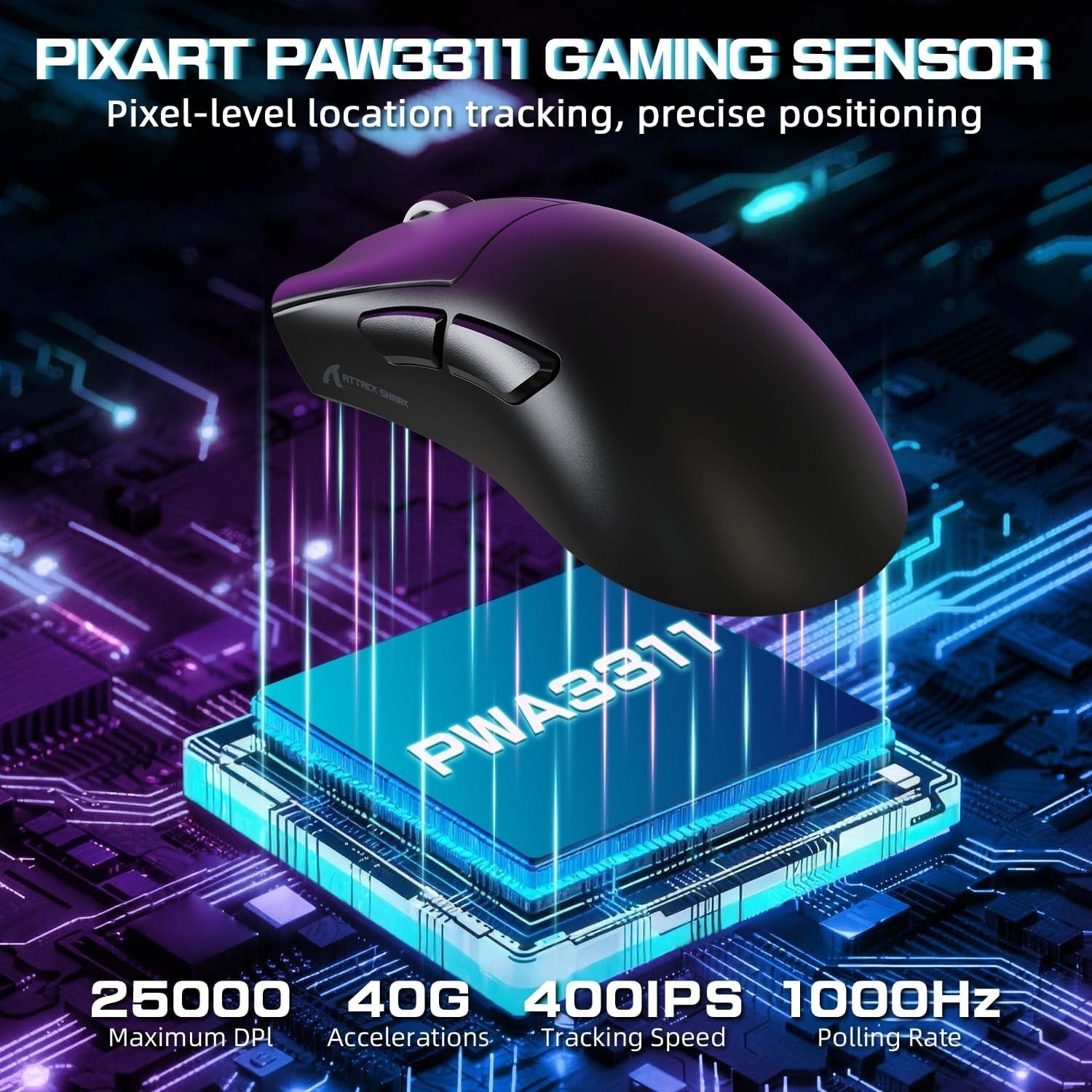 Wireless Gaming Mouse 25000 DPI 65g RGB Dock 100M Clicks Black