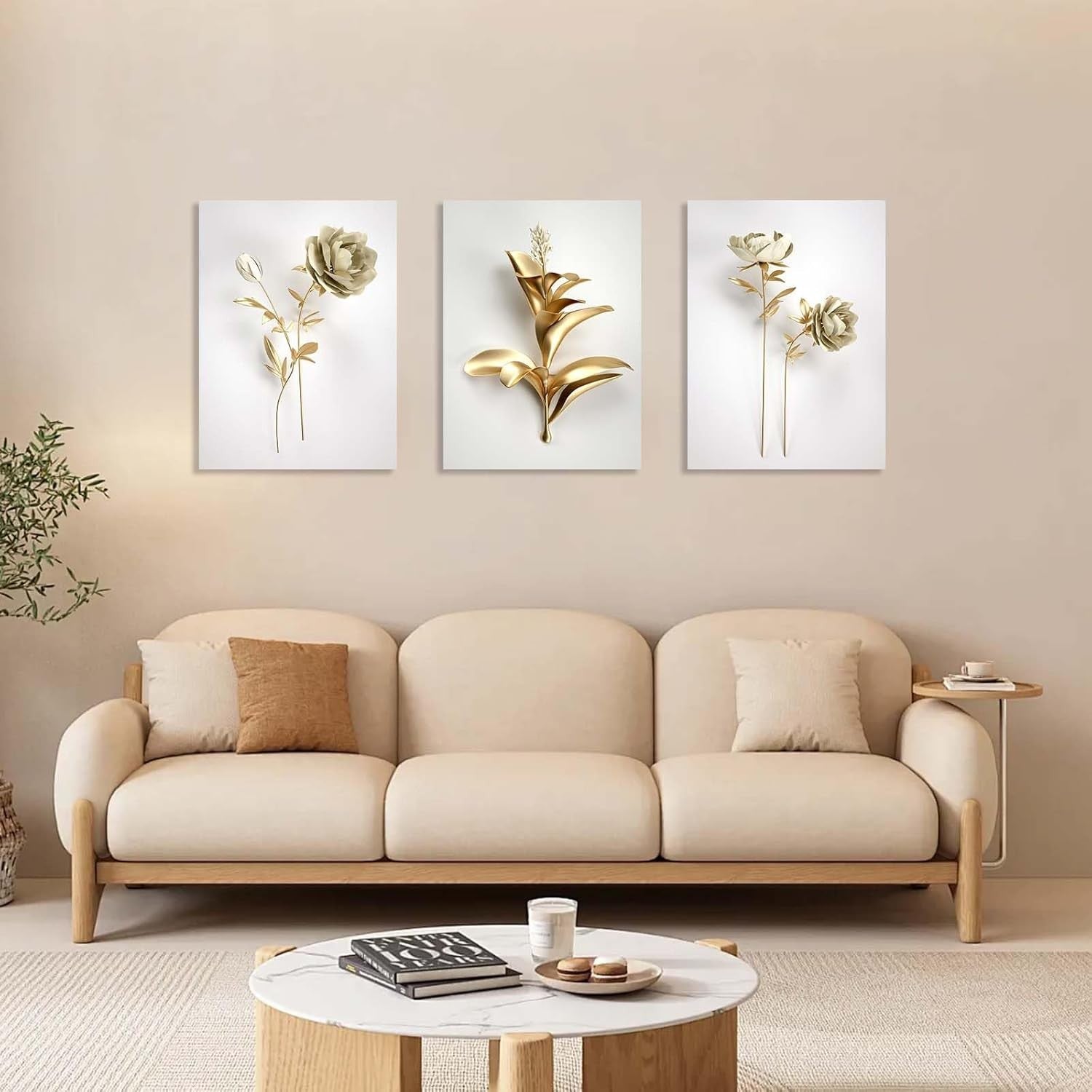3-Piece 3D Gold Flower Canvas Wall Art – Luxury Modern Floral 12x16in