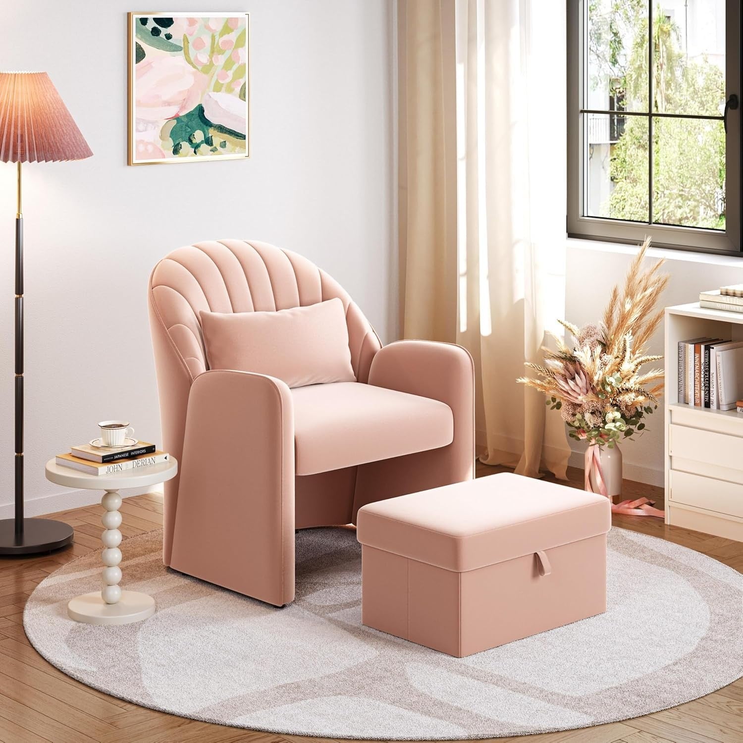 Pink Velvet Tub Chair with Storage Ottoman & Pull-Out Footrest | Compact Seat