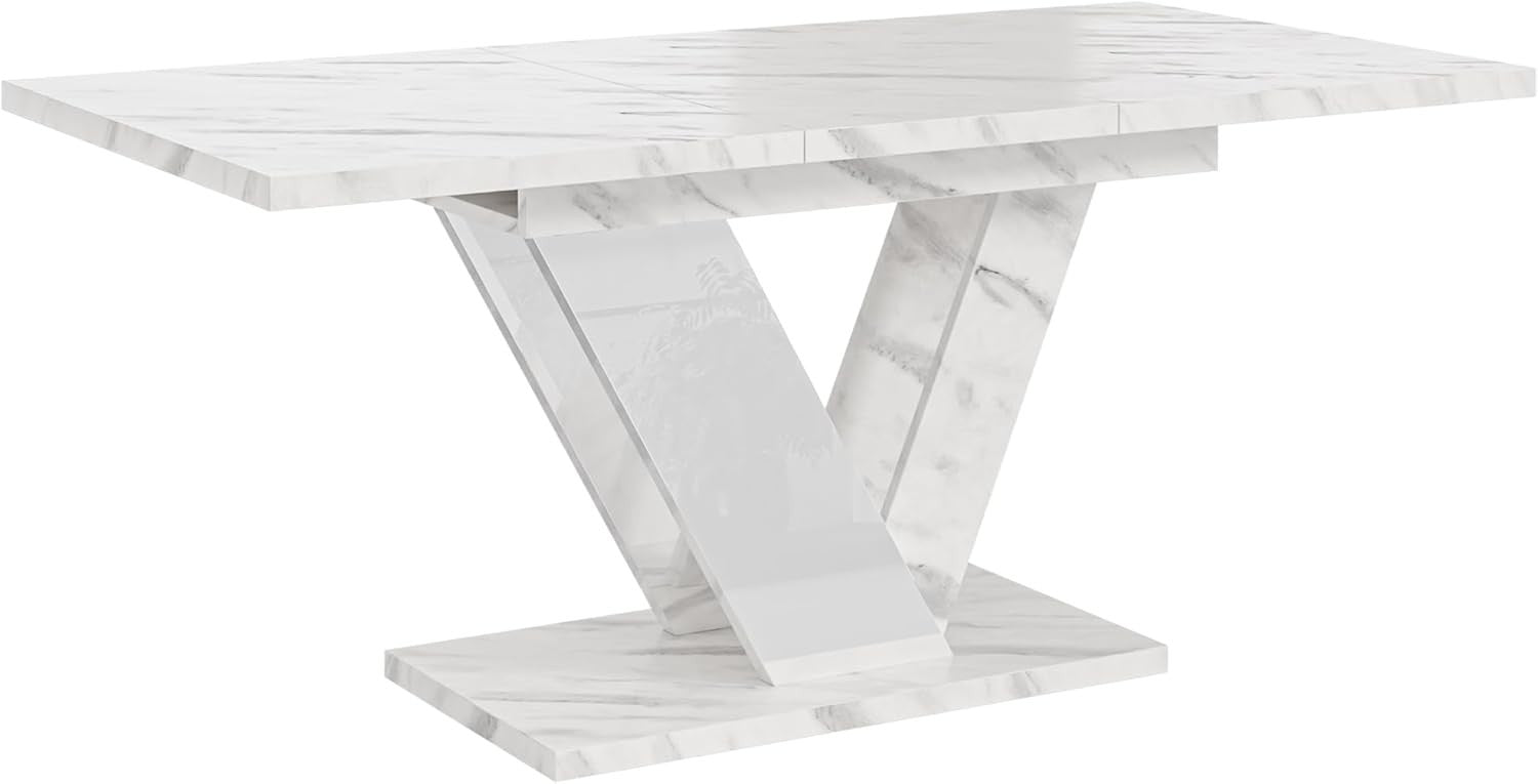 White Marble Dining Table Extendable 160cm Gloss 6 Seater Modern Kitchen