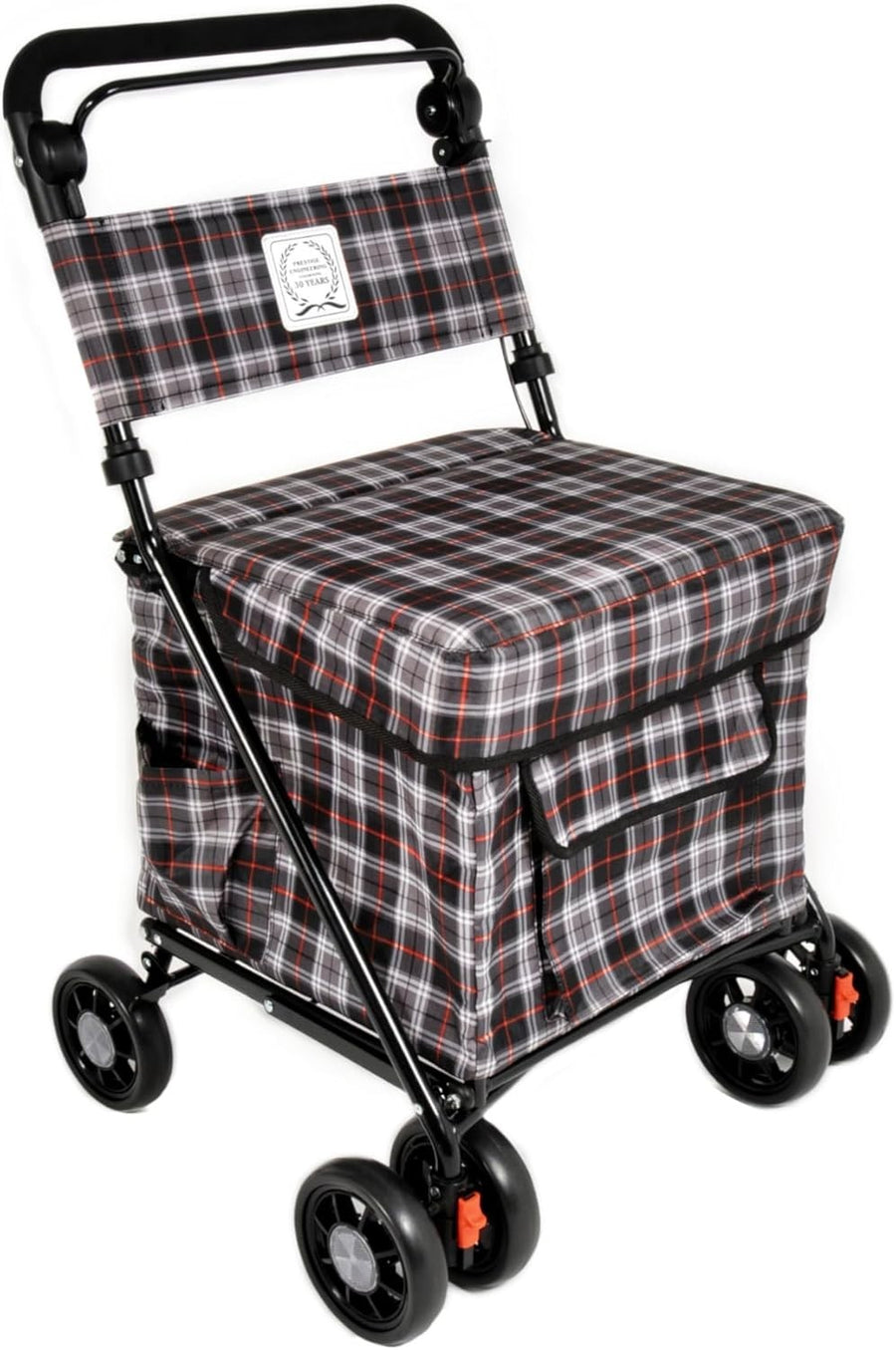 Red Check 6-Wheel Walk & Rest Shopping Trolley – Padded Seat & Back