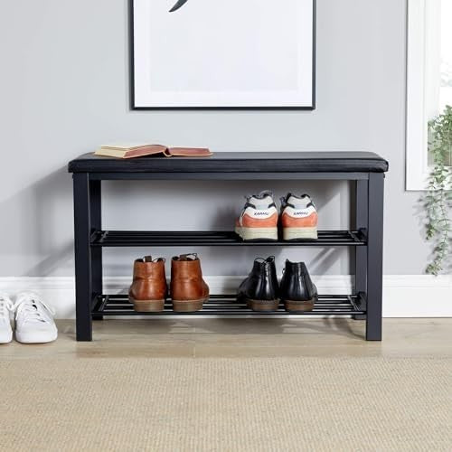 Black Shoe Storage Bench with PU Cushion & 2 Shelves – Metal Hallway Unit
