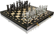 16" Luxury Spartan Silver Chess Set Weighted Chrome Pieces & Inlaid Board