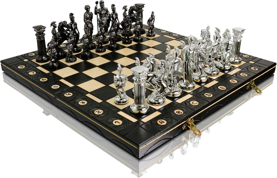 16" Luxury Spartan Silver Chess Set Weighted Chrome Pieces & Inlaid Board