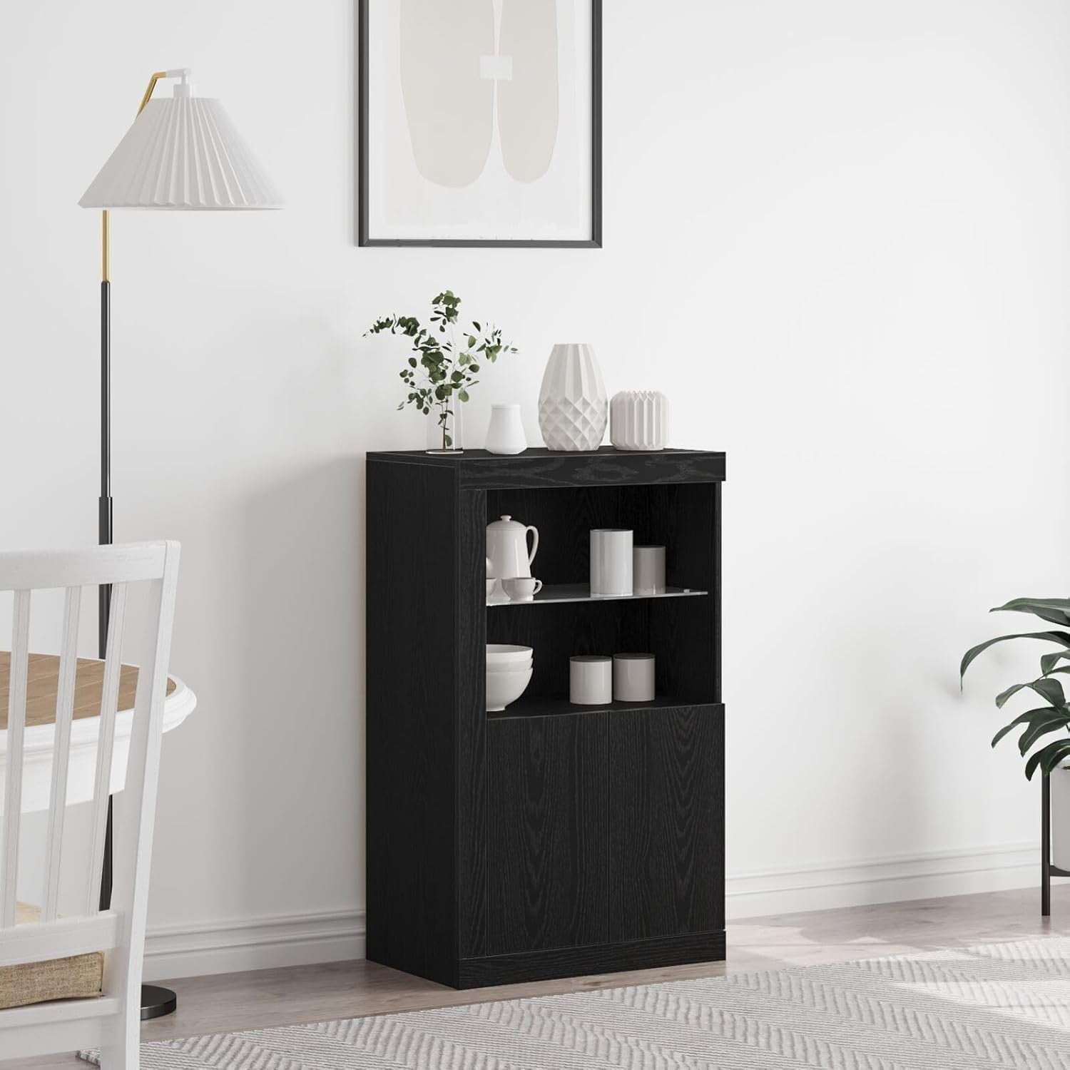 Black Oak Side Cabinet with Floating Shelves – Space-Saving Storage