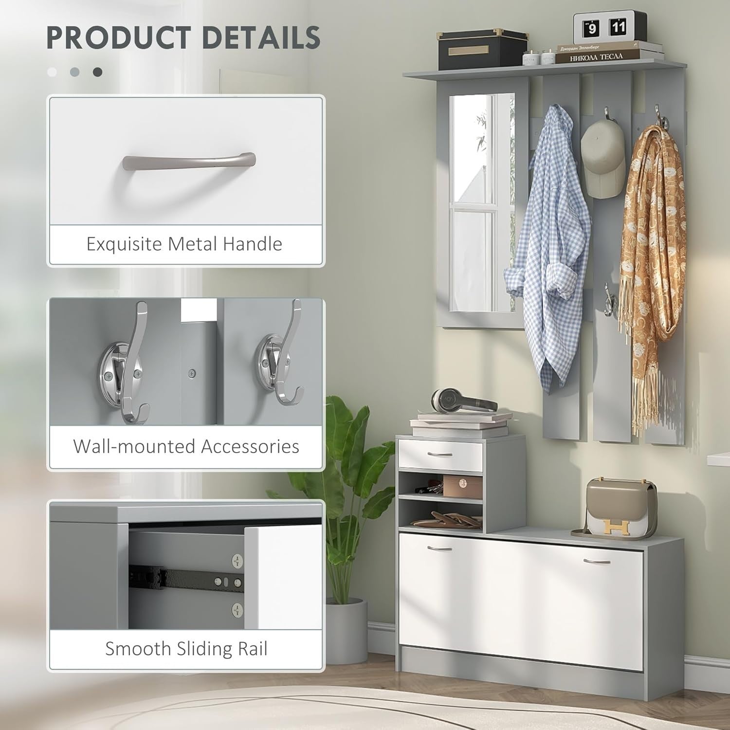 Dark Grey Hallway Furniture Set with Shoe Cabinet, Mirror & 6 Coat Hooks