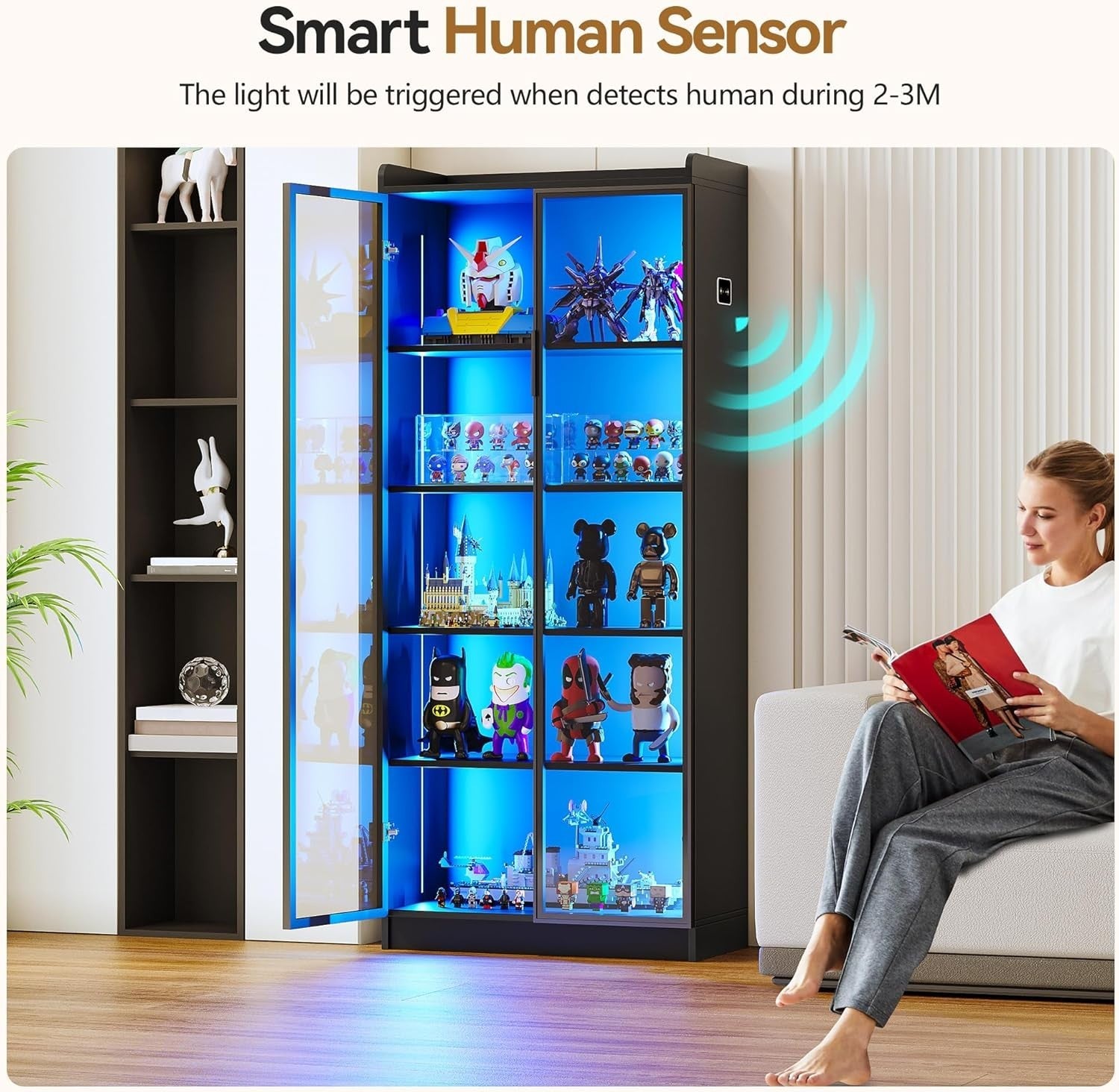 LED Display Cabinet with Acrylic Door, 5 Shelves, 3-Color Lights, 65"