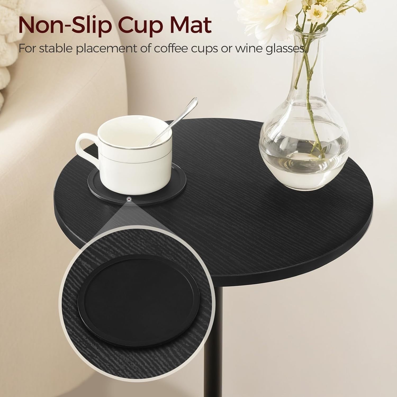 Adjustable Height Round Side Table with LED Light & Cup Holder, Compact 32cm