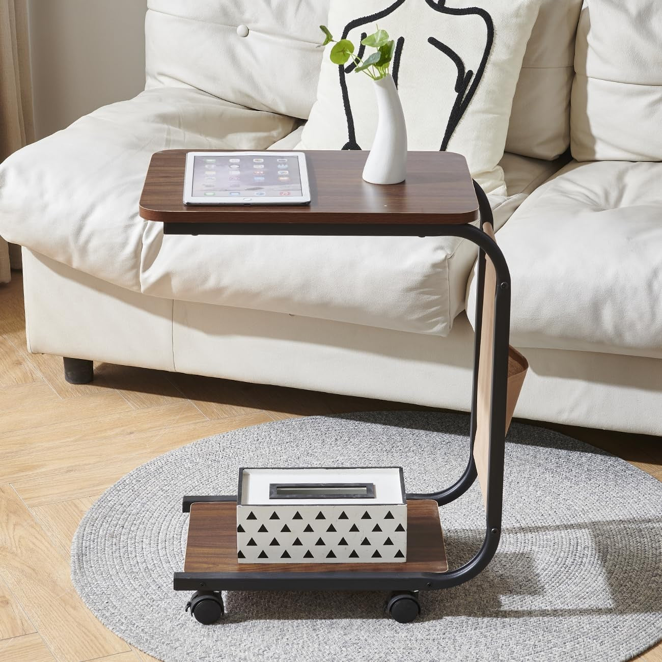 Dark Walnut C-Shaped Side Table on Wheels – 2-Tier Slim Sofa Snack Table