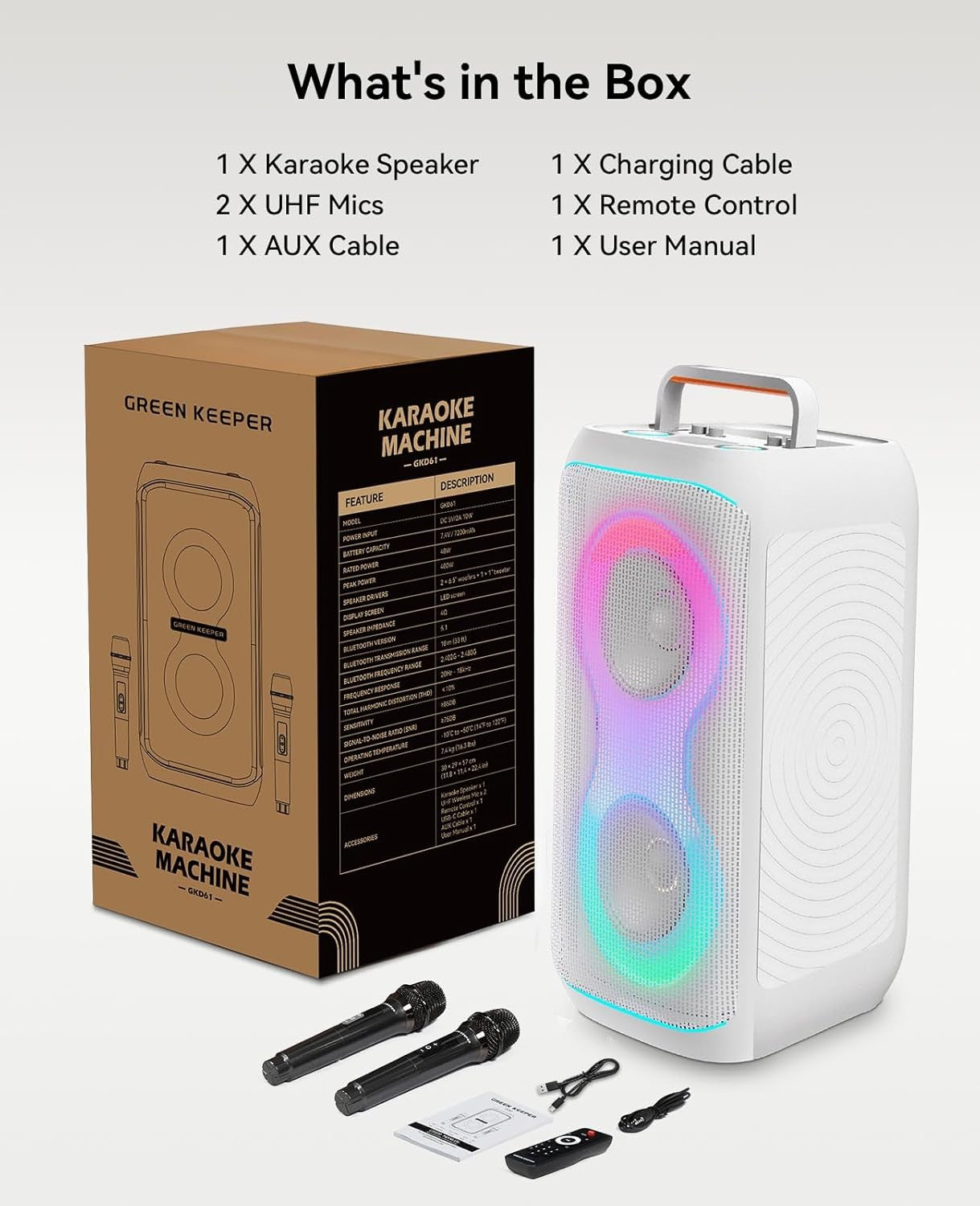 GKD61 Karaoke Machine 400W Bluetooth 2 Wireless Mics Dual Subwoofers