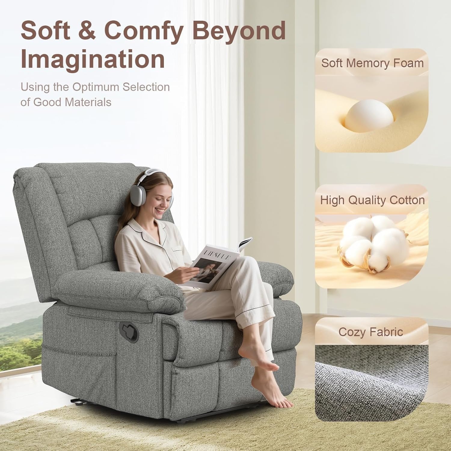 Manual Recliner Chair Massage Heat 135° Recline Footrest Dual Pockets Light Grey
