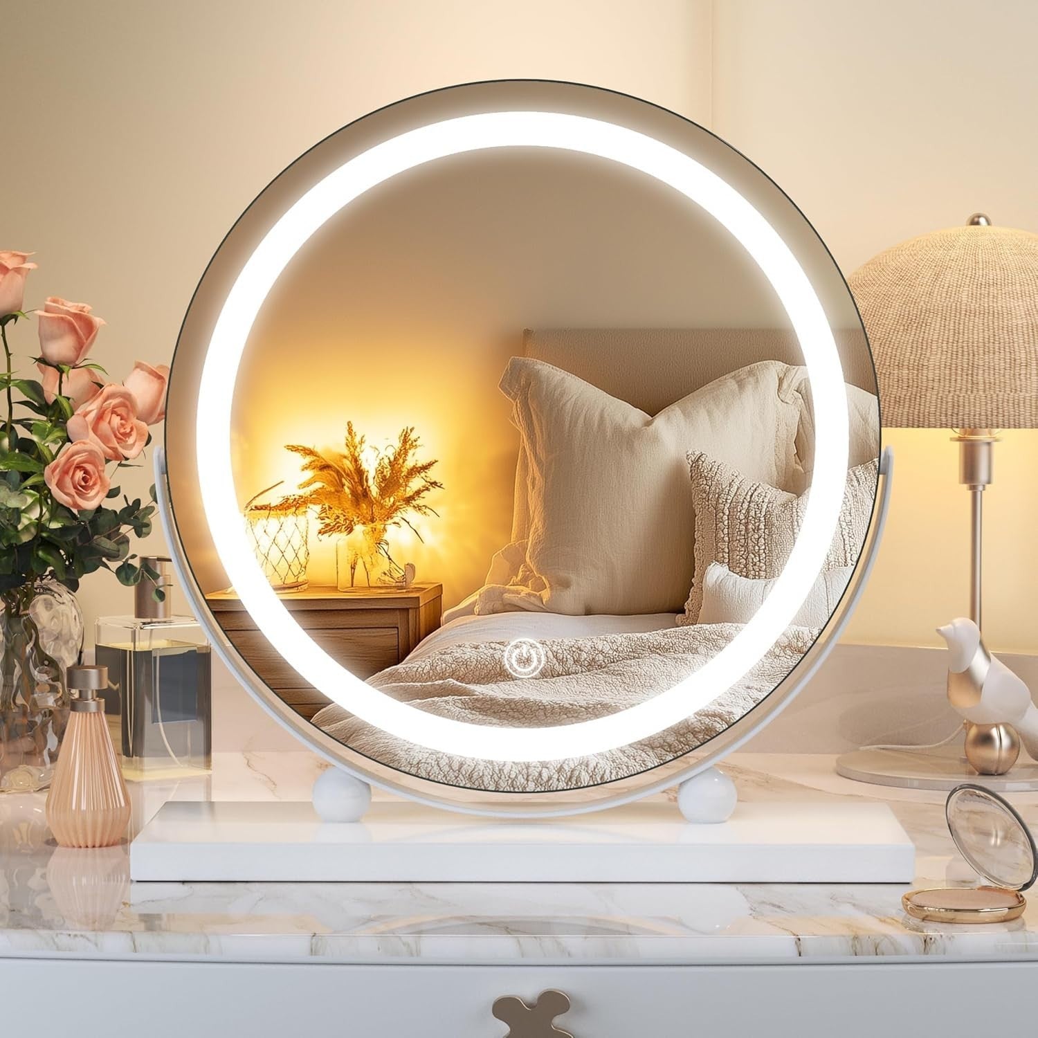 LED Makeup Mirror 30x30cm with Dimmable Touch Lights & 360° Rotation