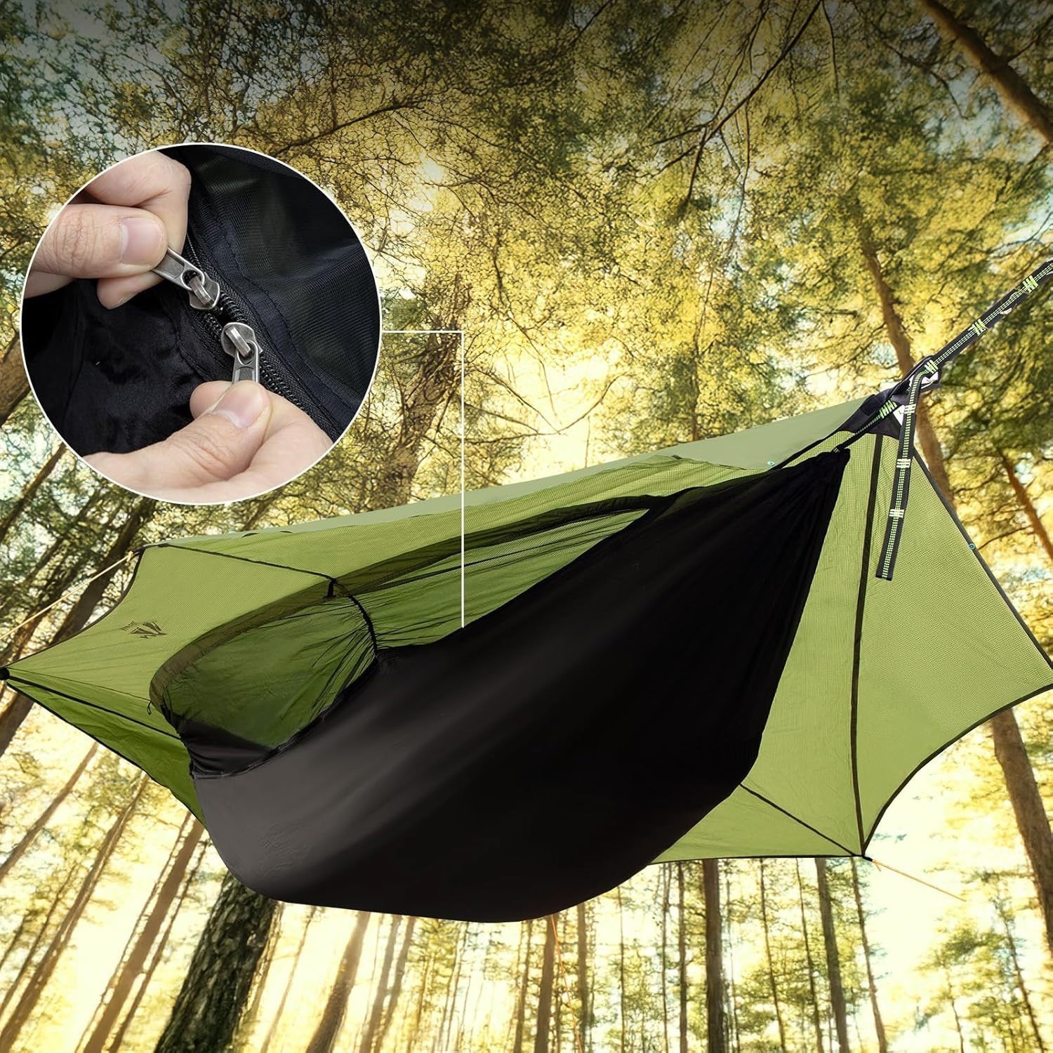 Camping Hammock Tent Army Green Pro | 3x1.4m 1-Person with Tarp & Bug Net