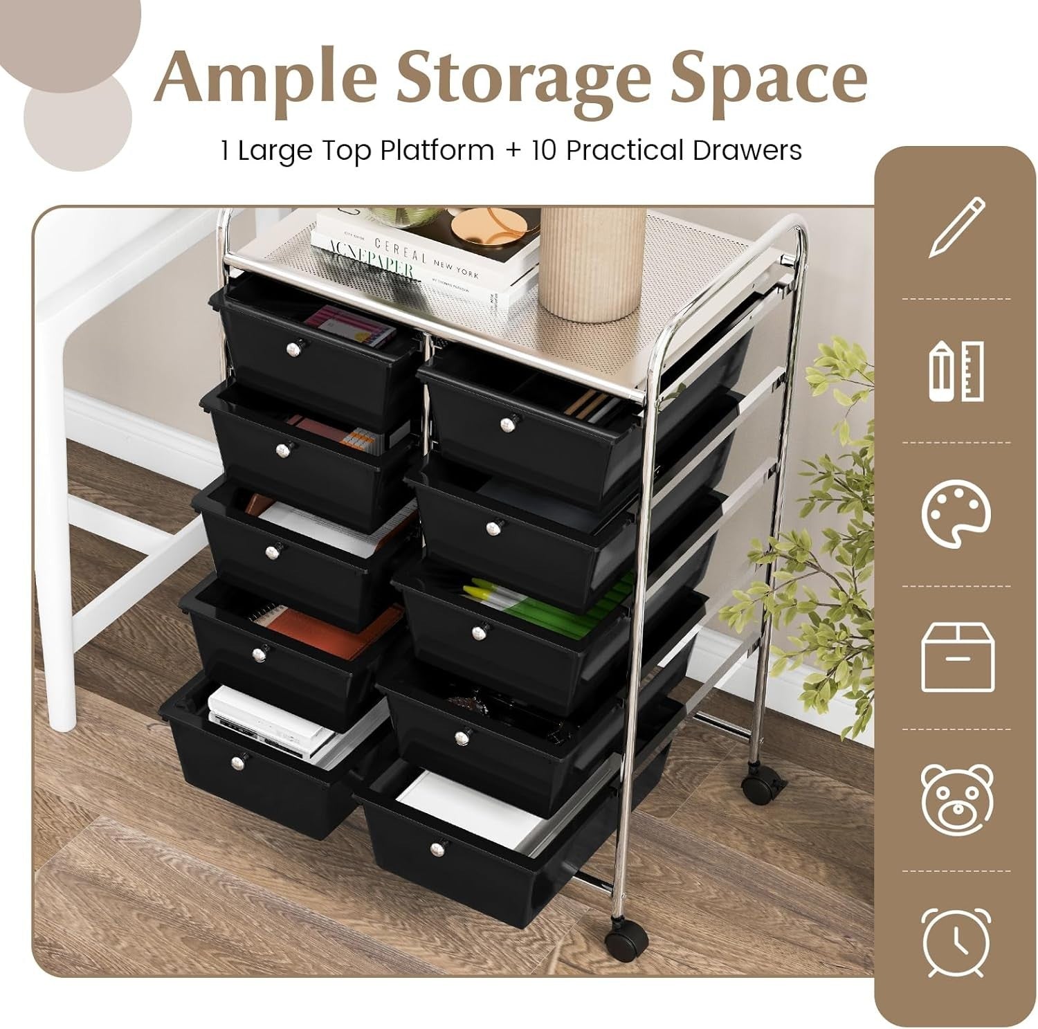 10 Drawer Utility Storage Cart Rolling Organizer Trolley Black Wheels