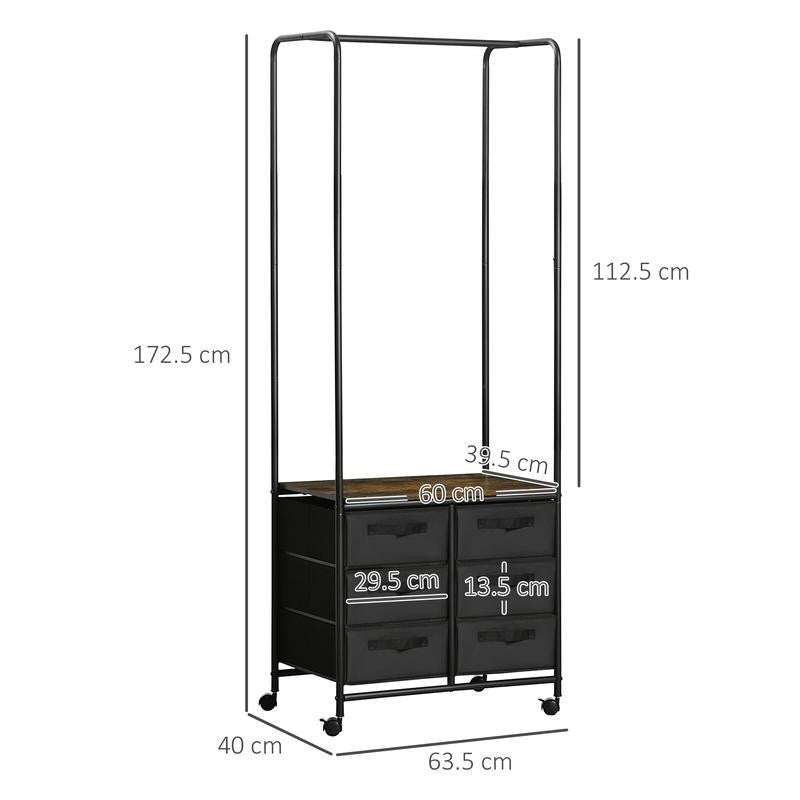 Industrial Clothes Rail with 6 Drawers – Rolling Open Wardrobe Unit