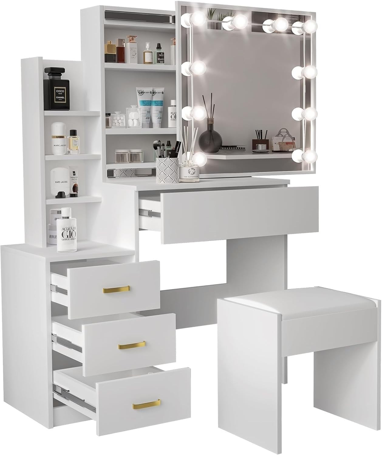 Vanity Table Set with Sliding Mirror, 4 Drawers, LED Light, Makeup Desk