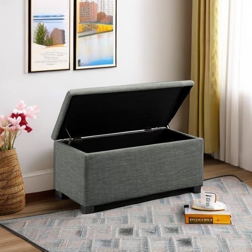 Dark Grey Upholstered Storage Ottoman Bench Soft Close Lid Linen Fabric 90x42x43