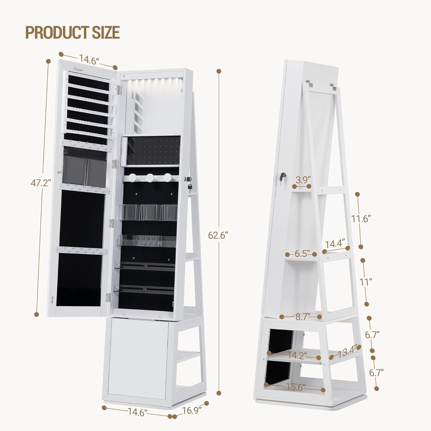 360° Rotating Mirror Jewelry Cabinet Lockable Full Length Storage