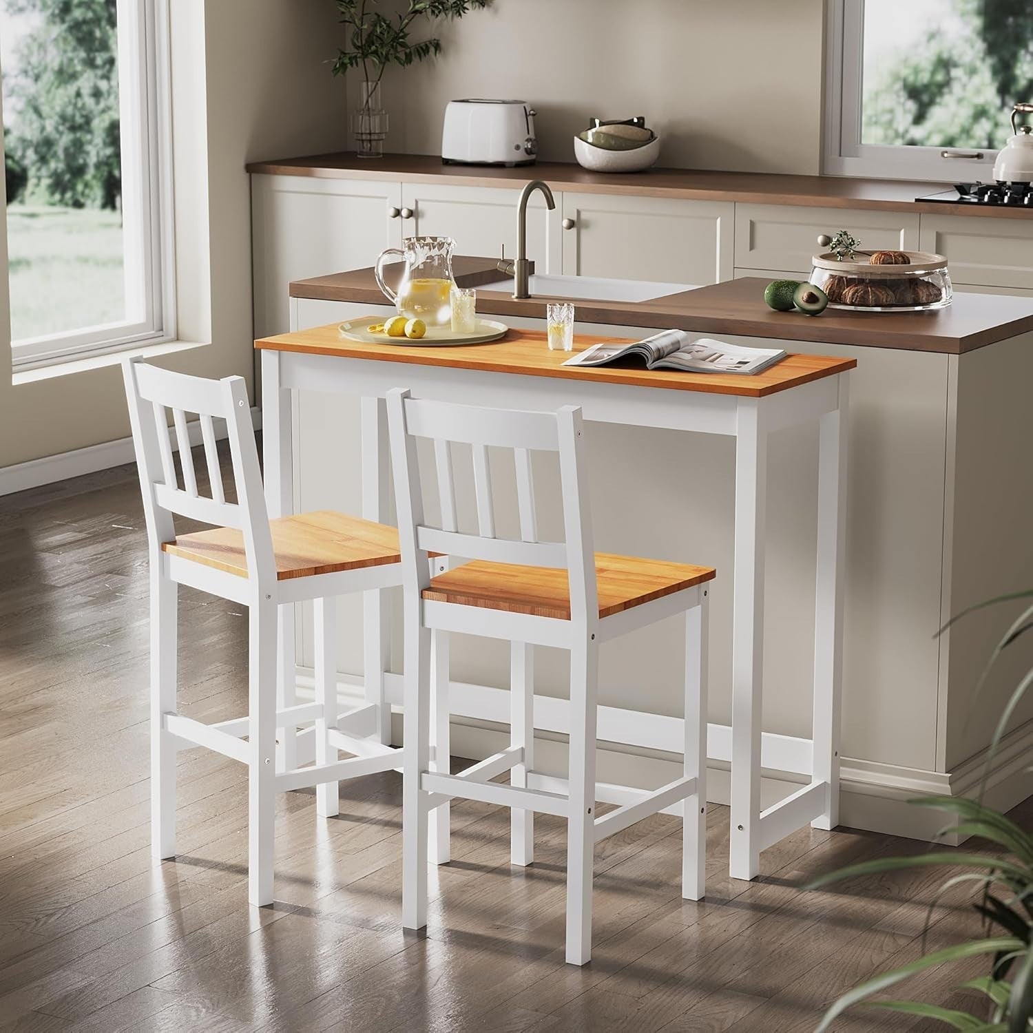 3-Piece Solid Wood Bar Table and 2 Chairs Set, Compact Dining – Honey White