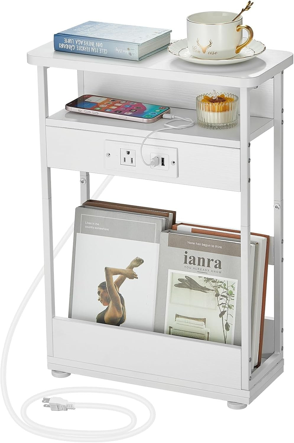 Slim White Side Table with USB Charging Ports – 3-Tier Small End Table
