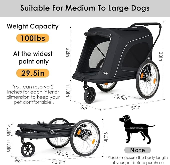 Heavy Duty Dog Stroller Trailer Foldable 3 Wheel Pushchair for Large Dogs