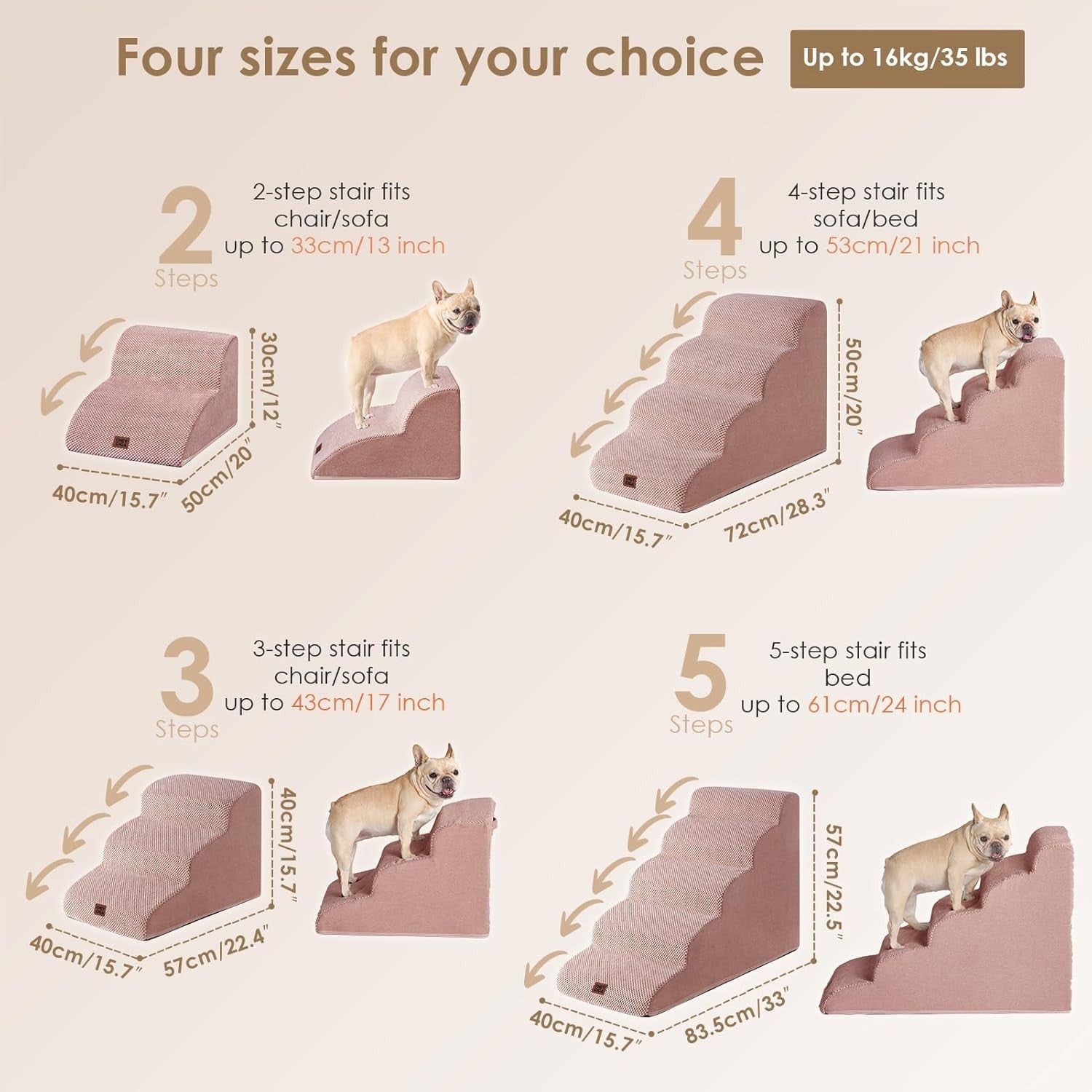3 Step Dog Stairs for Bed Non Slip Foam Pet Steps Dusty Pink