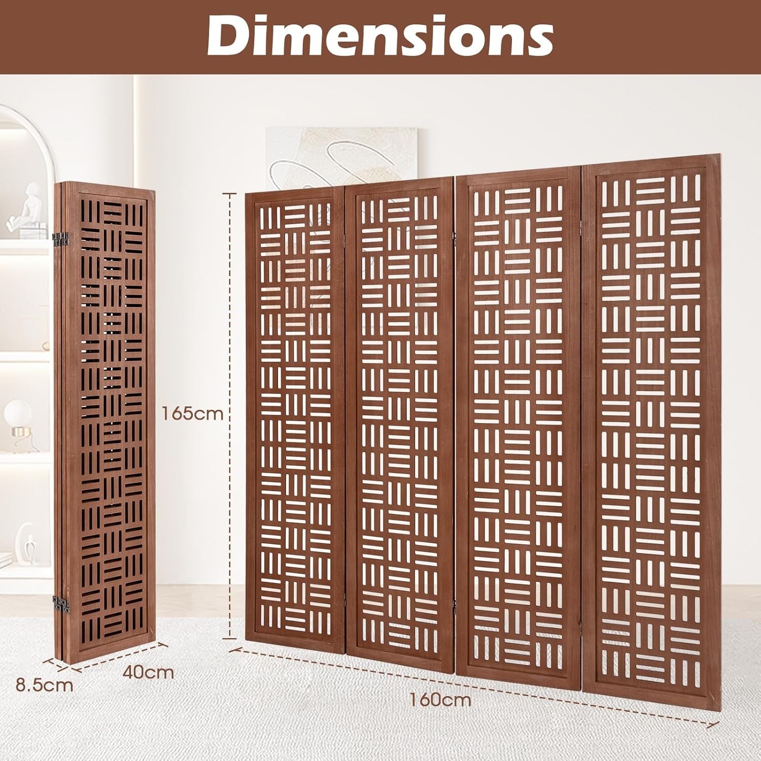 4 Panel Brown Carved Wood Folding Room Divider Privacy Screen 160x165cm