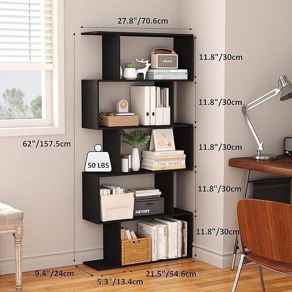 Modern 5-Tier S-Shaped Geometric Bookshelf Storage Unit for Living Room Office