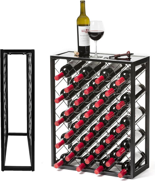 32 Bottle Wine Rack Freestanding Metal Wine Storage Shelf with Tabletop Black