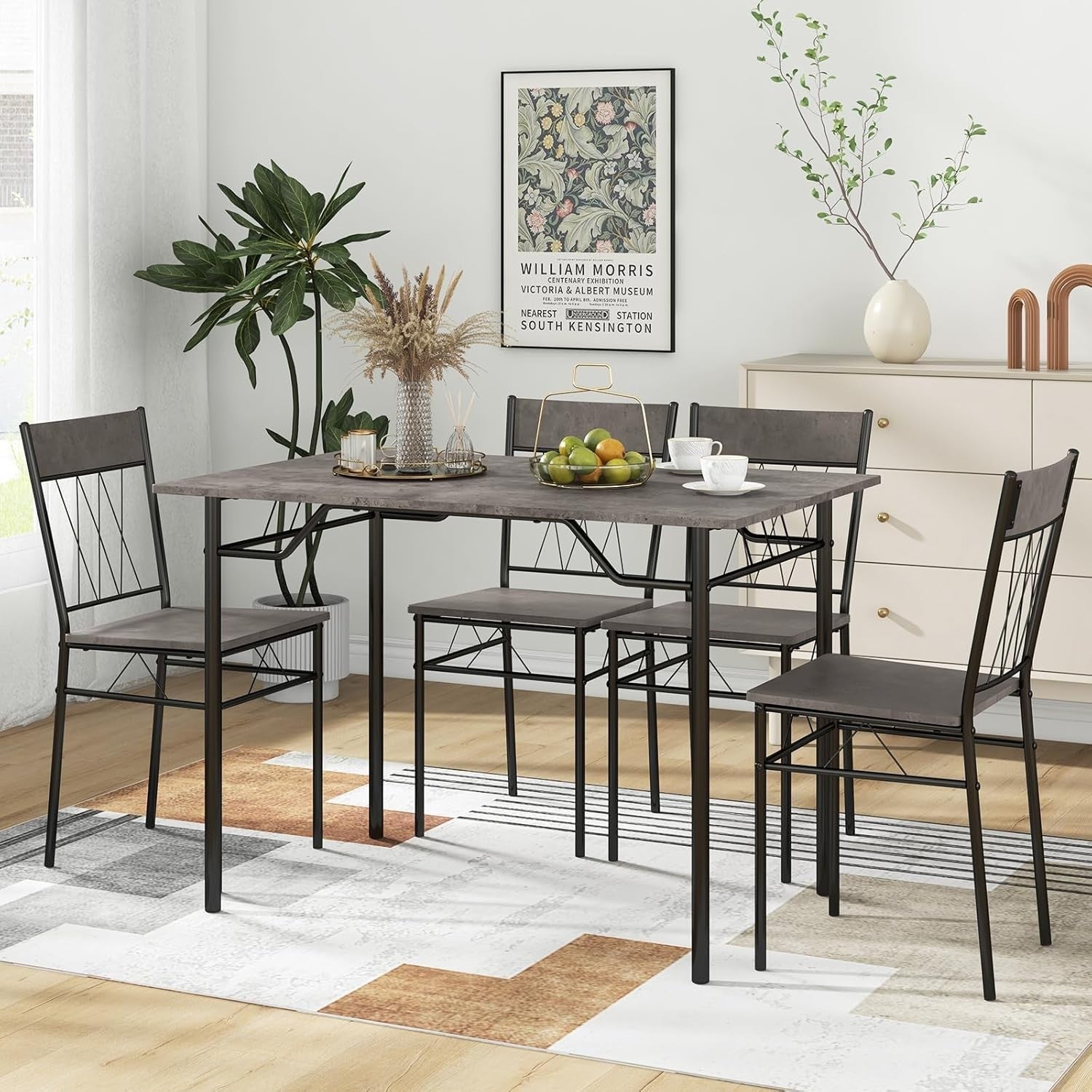 Gray Cement Texture Dining Table Set 4 Chairs | Space-Saving Kitchen Fit