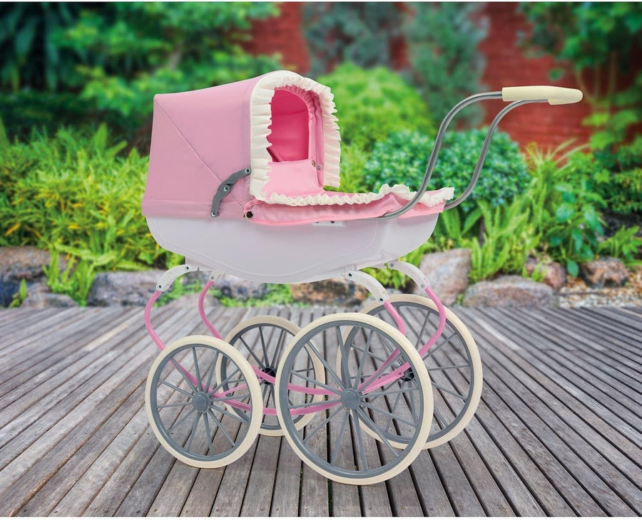 Traditional Dolls Carriage Pram Vintage Push Along Toy White Wheels