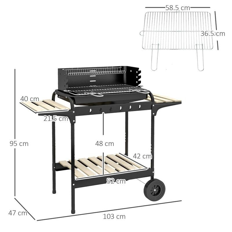 Charcoal BBQ Grill Trolley with 5-Height Levels, Shelves, Wheels & Warmer