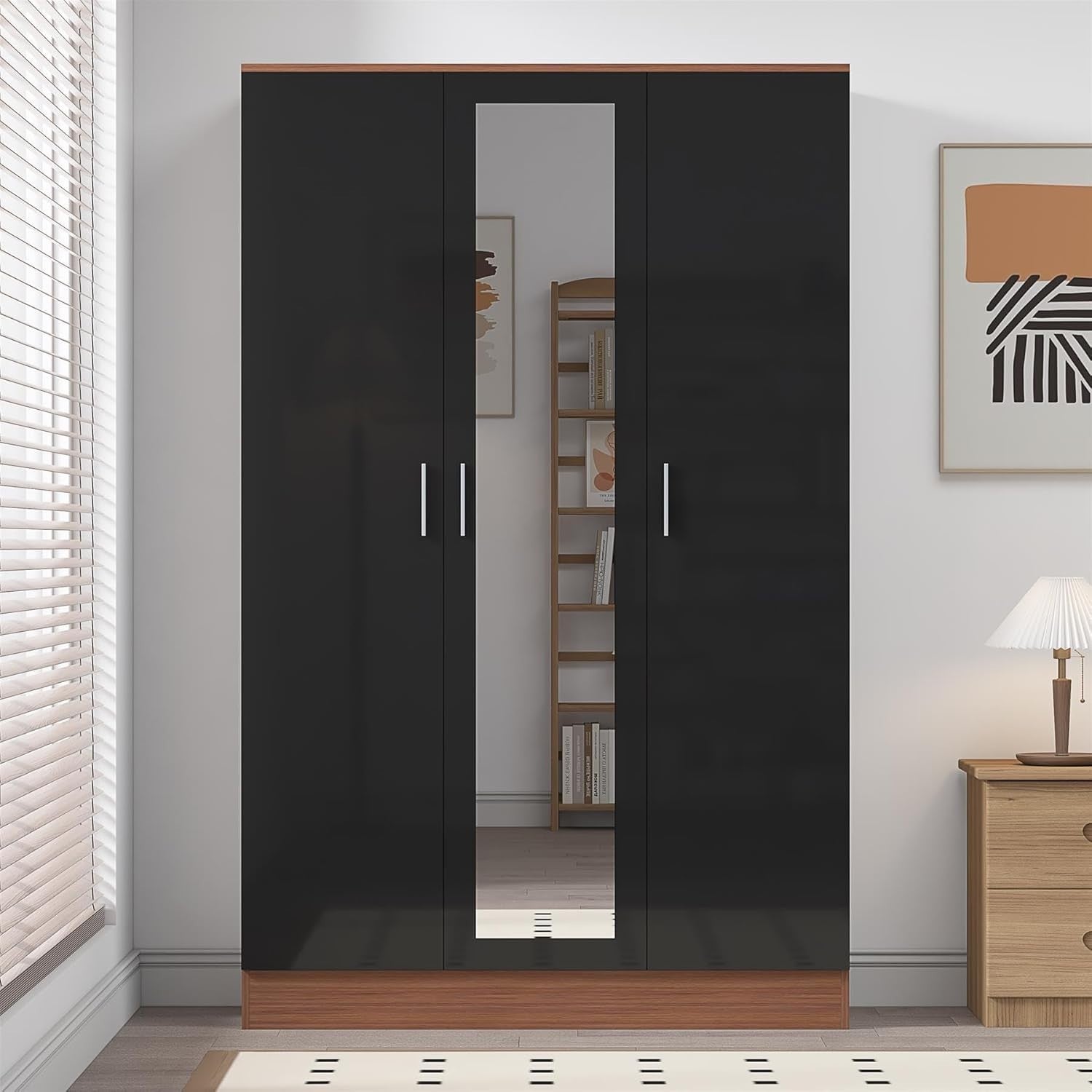 3 Door Mirrored Wardrobe Black Gloss & Walnut with Shelves & Hanging Rail