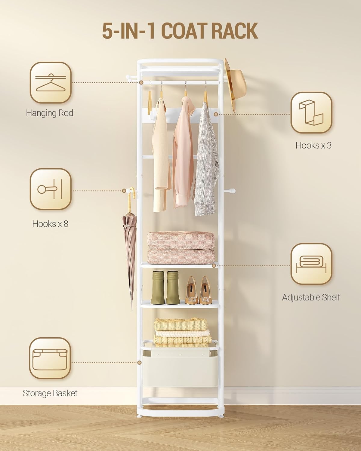 Wooden Coat Stand with 3 Shelves & 11 Hooks | Freestanding Hall Organizer