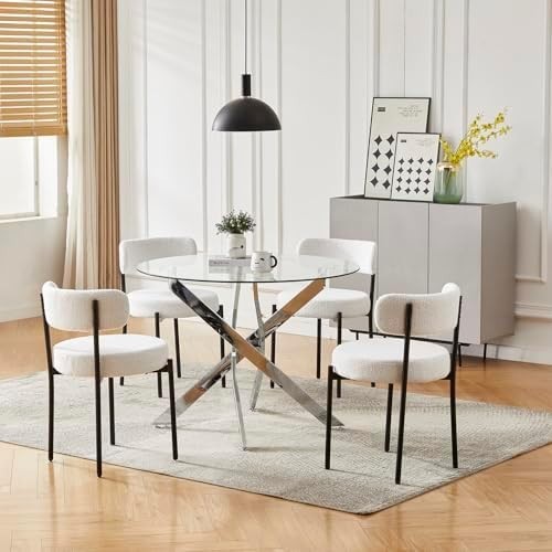 100CM Round Glass Dining Table with 4 White Upholstered Chairs Set