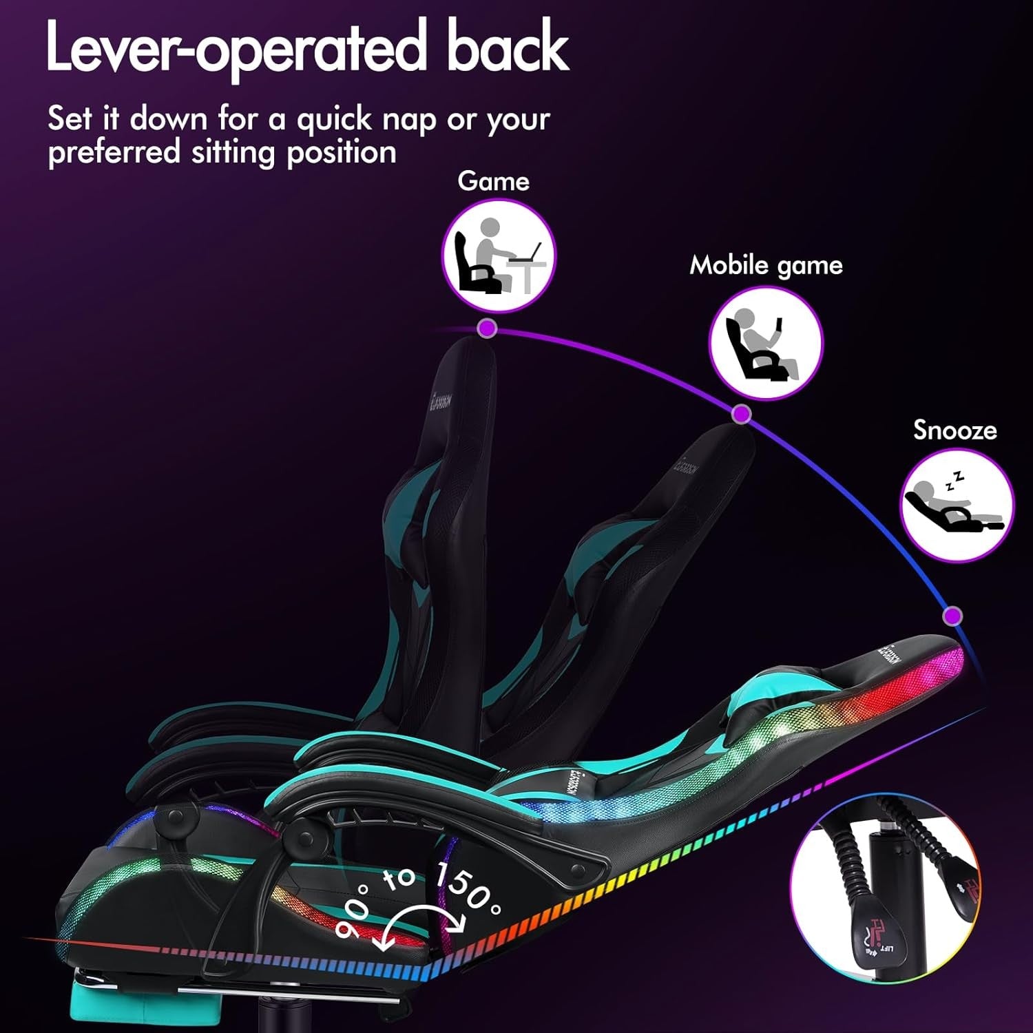 Cyan LED Gaming Chair RGB 8-Point Massage Recliner w/ Footrest