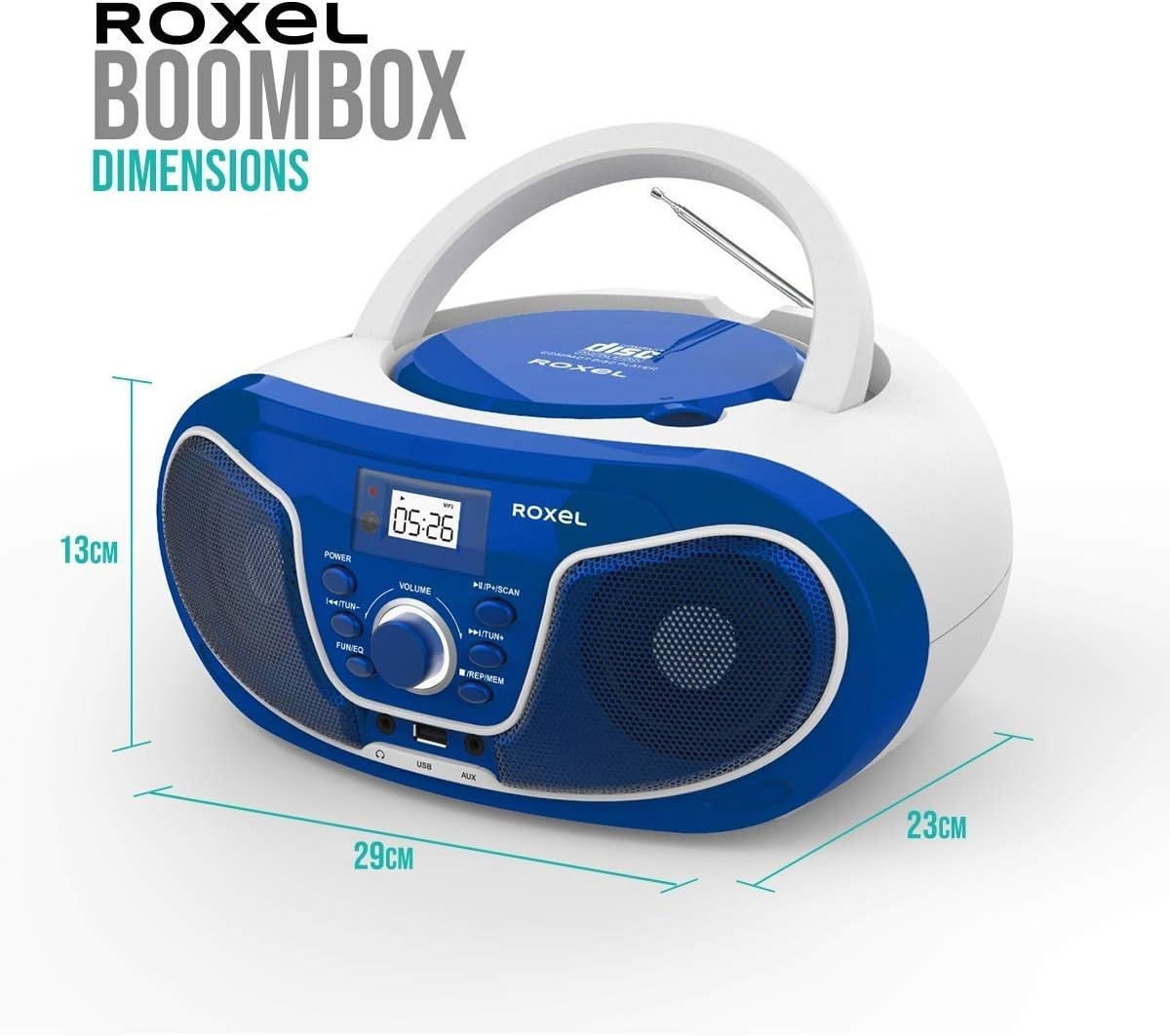 Blue Portable Boombox CD Player Bluetooth FM Radio USB AUX Remote