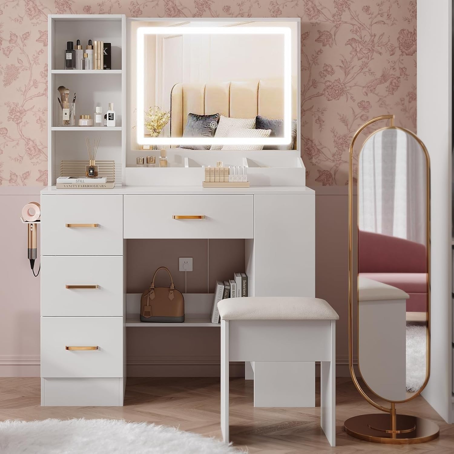 White Vanity Desk w/Lighted Sliding Mirror 4 Drawers Hidden Storage Cabinet